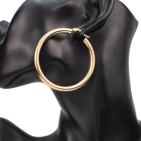 *NEW 18K Yellow Gold Round 2'' Tube Hoop Earrings - Picture 7 of 9